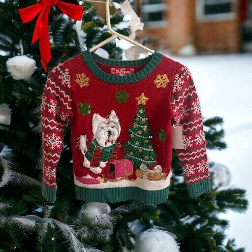 NWT 33 Degrees Girl’s Dog With Treats Christmas Sweater Red SIZE SMALL (7)‎
